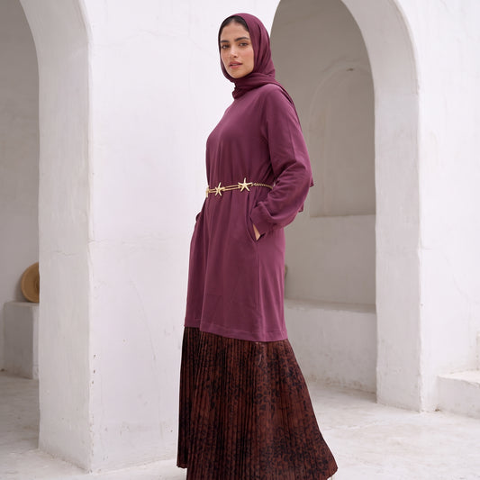 Premium Milton Tunic Dress with Pleated Satin Skirt Tail