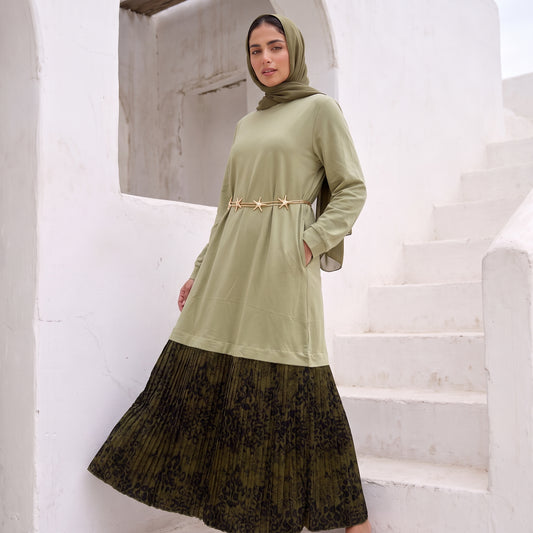 Premium Milton Tunic Dress with Pleated Satin Skirt Tail
