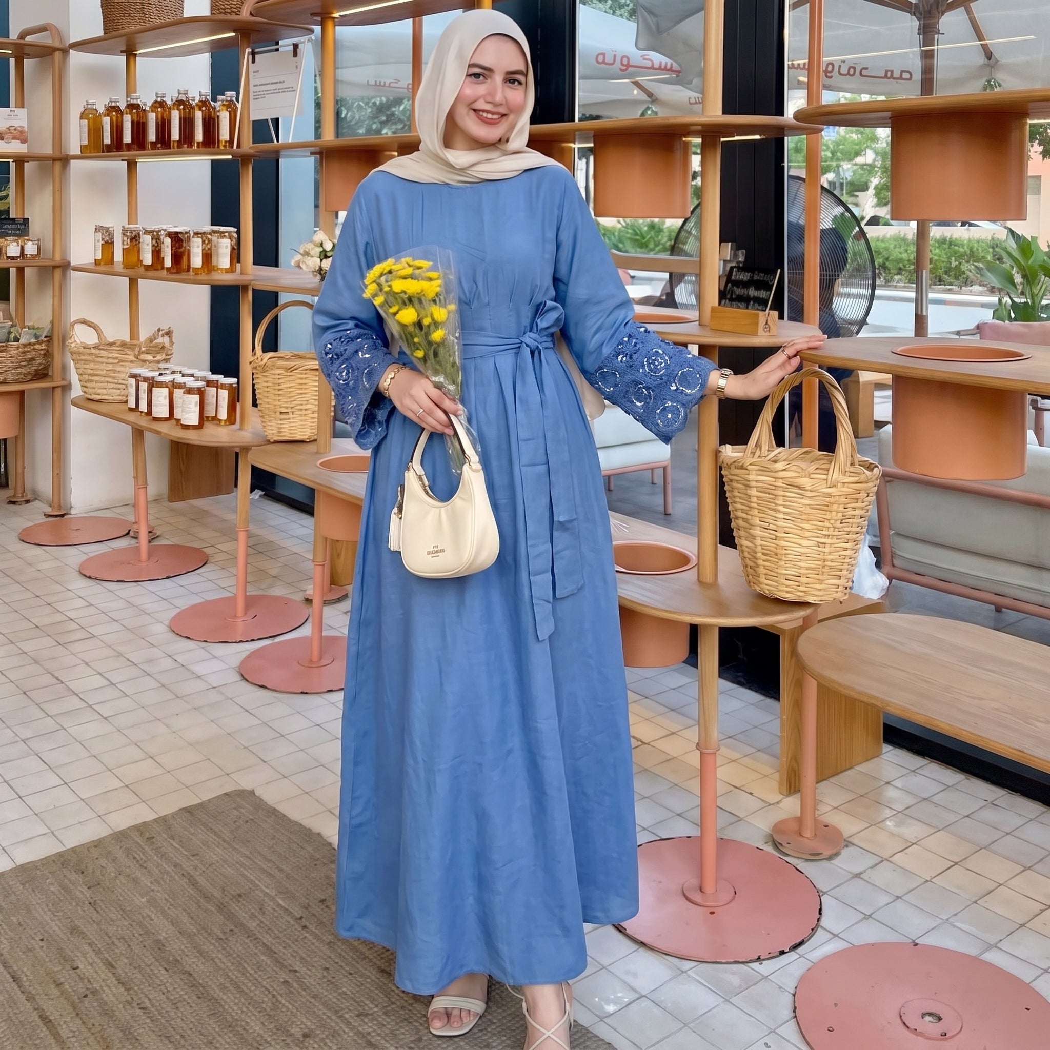 Model wearing Blue Embroidered Linen Dress | عارضة ترتدي فستان كتان أزرق مطرز – view 1 | لقطة 1