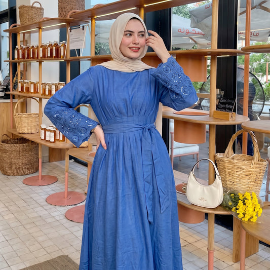Blue Linen Dress with Embroidered Sleeves