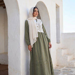 Elegant Modest Dress with Embroidered Lace Vest