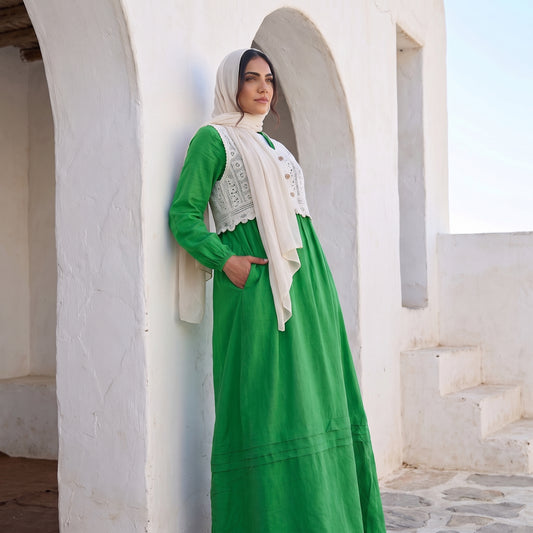 Elegant Modest Dress with Embroidered Lace Vest