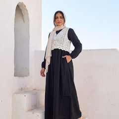 Elegant Modest Dress with Embroidered Lace Vest