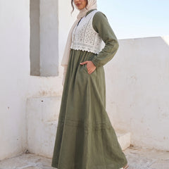 Elegant Modest Dress with Embroidered Lace Vest
