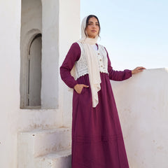 Elegant Modest Dress with Embroidered Lace Vest