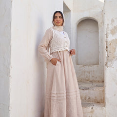 Elegant Modest Dress with Embroidered Lace Vest