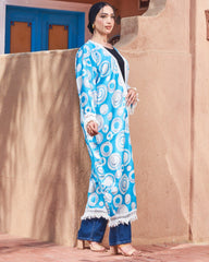 Printed Turkish Satin Kimono – Free Size | Lace Tassel Details