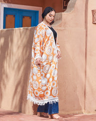 Printed Turkish Satin Kimono – Free Size | Lace Tassel Details