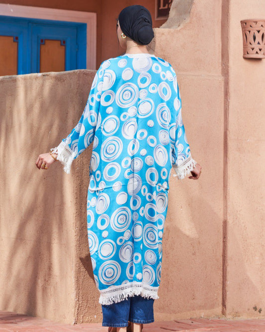 Printed Turkish Satin Kimono – Free Size | Lace Tassel Details