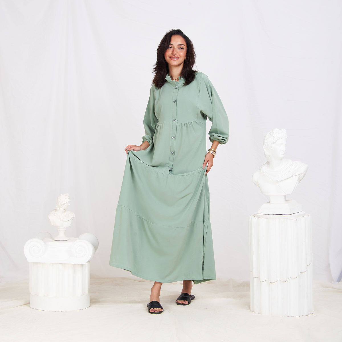 Long Sleeve Maxi Linen Dress - Mint Green