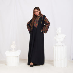 Long Sleeve Embroidery Abaya - Black