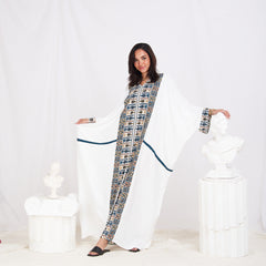 Long Sleeve Trendy Cotton Kaftan - Geometric White