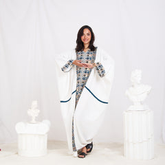 Long Sleeve Trendy Cotton Kaftan - Geometric White