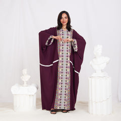 Long Sleeve Trendy Cotton Kaftan - Geometric Burgundy
