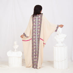 Long Sleeve Trendy Cotton Kaftan - Geometric Beige