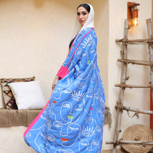 Embroidered Abstract Face Cardigan – Free Size | Statement Artwear