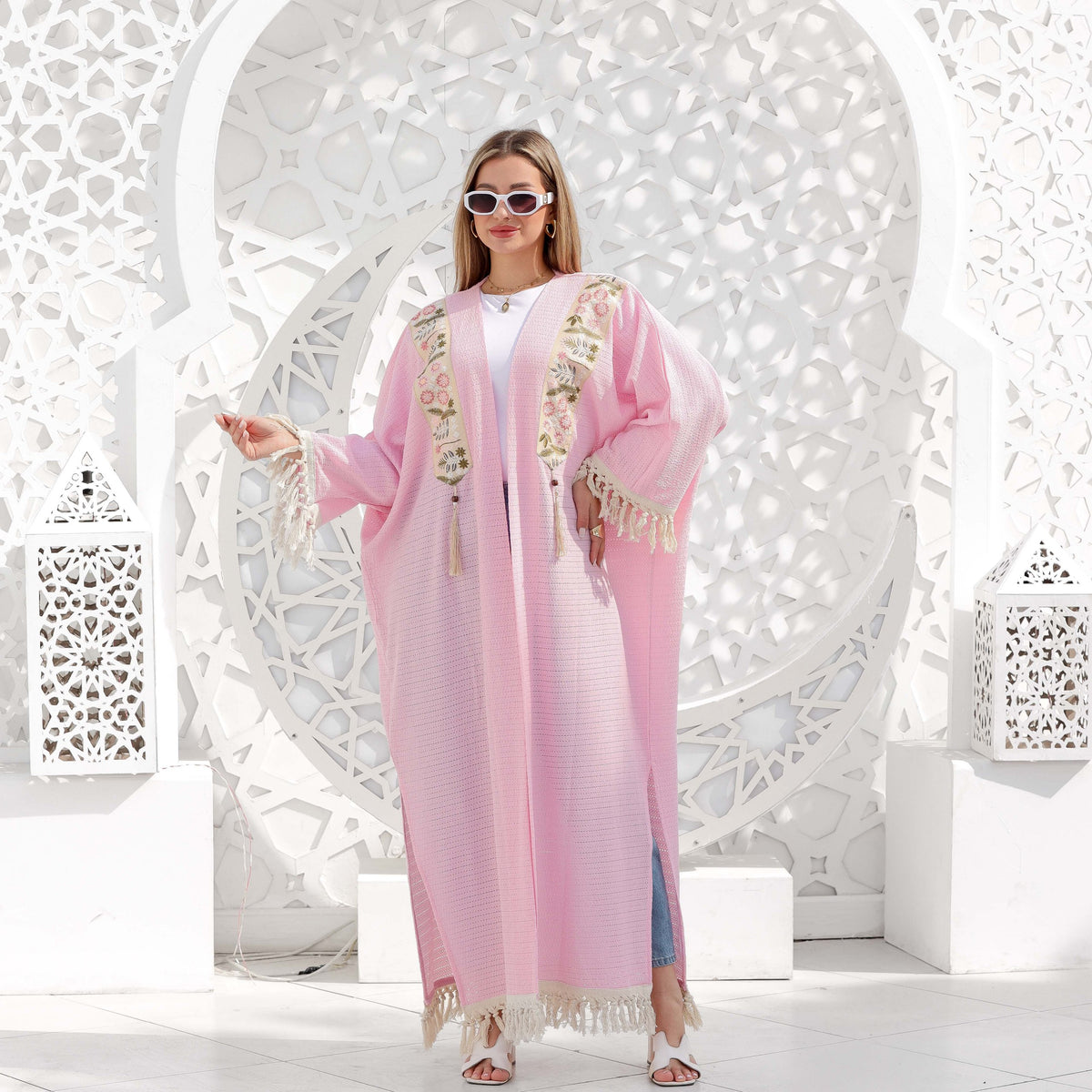 Pink Cotton Jacquard Cardigan with Floral Embroidery – Free Size