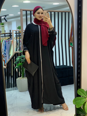 Silky Crepe Abaya | Elegant Fit with Zipper | Black & White | Fits 60kg–110kg