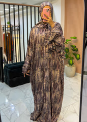 One-Piece Satin Prayer Isdal – Abstract Print with Attached Scarf (Free Size)
