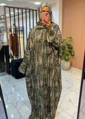 One-Piece Satin Prayer Isdal – Abstract Print with Attached Scarf (Free Size)