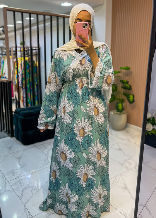 Floral Maxi Dress – Soft Cotton with Lace Trim (Free Size)