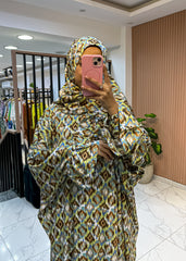 One-Piece Satin Prayer Isdal – Geometric Print with Attached Scarf (Free Size)