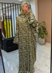 One-Piece Satin Prayer Isdal – Geometric Print with Attached Scarf (Free Size)