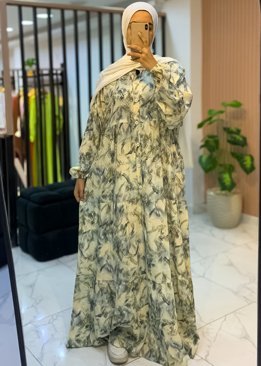 Cotton Maxi Dress – Brushstroke Print | 2 Sizes 50–75 kg & 80–110 kg