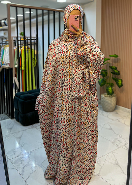 One-Piece Satin Prayer Isdal – Geometric Print with Attached Scarf (Free Size)