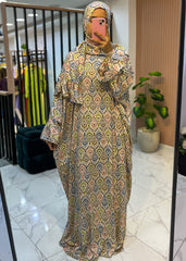One-Piece Satin Prayer Isdal – Geometric Print with Attached Scarf (Free Size)