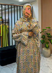 One-Piece Satin Prayer Isdal – Geometric Print with Attached Scarf (Free Size)