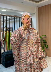 One-Piece Satin Prayer Isdal – Geometric Print with Attached Scarf (Free Size)