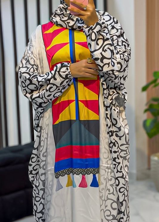 One-Piece Prayer Isdal – Arabic Calligraphy & Geometric Color Block Print (Free Size)