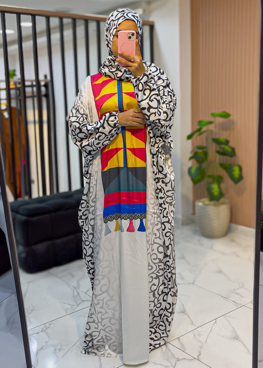 One-Piece Prayer Isdal – Arabic Calligraphy & Geometric Color Block Print (Free Size)