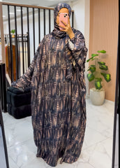 One-Piece Satin Prayer Isdal – Abstract Print with Attached Scarf (Free Size)