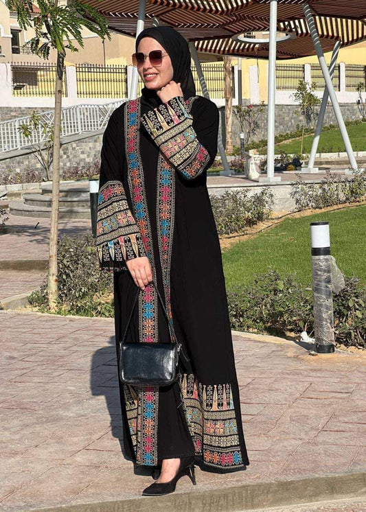 Black Silk Crepe Abaya – Heritage Geometric Embroidery (Free Size)