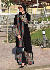 Black Silk Crepe Abaya – Heritage Geometric Embroidery (Free Size)