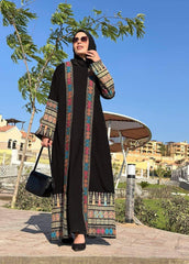 Black Silk Crepe Abaya – Heritage Geometric Embroidery (Free Size)