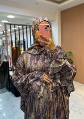 One-Piece Satin Prayer Isdal – Abstract Print with Attached Scarf (Free Size)