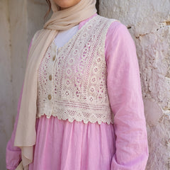 Elegant Modest Dress with Embroidered Lace Vest