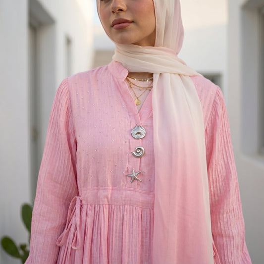 Pleated Linen Dress with Strass Details