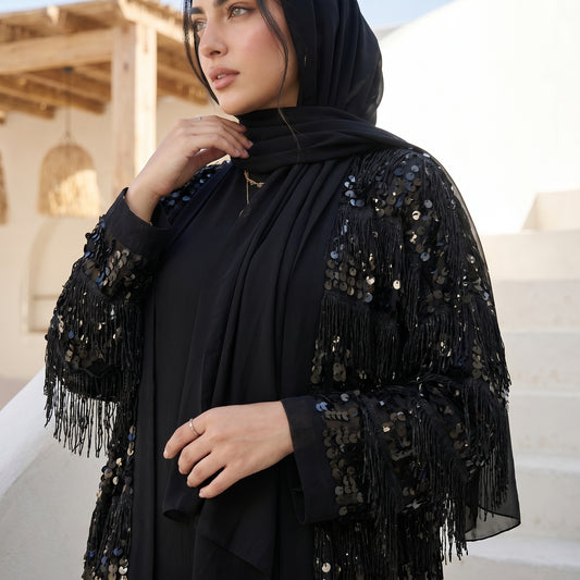 Black Chiffon Cardigan – Free Size with Sequins