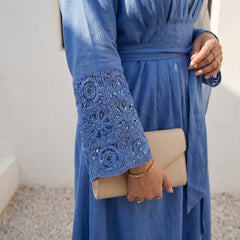 Blue Linen Dress with Embroidered Sleeves
