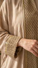 Premium Linen & Guipure Abaya - Elegant One-Size Modest Long Dress with Gold Trim