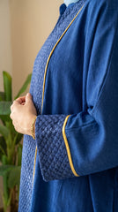 Premium Linen & Guipure Abaya - Elegant One-Size Modest Long Dress with Gold Trim
