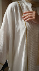 Premium Linen & Guipure Abaya - Elegant One-Size Modest Long Dress with Gold Trim