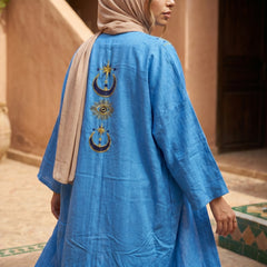 Embroidered Linen Cardigan – Blue Oriental Statement Piece
