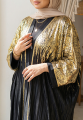 Pleated Armani Satin Cardigan – Gold Laser Print