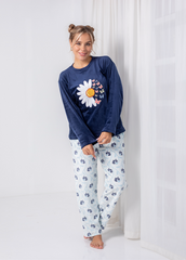 Velvet Daisy Two-Piece Pajama Set – Soft Navy Top & Printed Pants