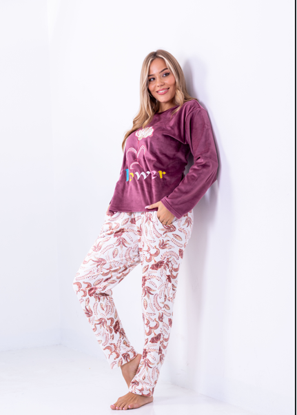 Blue Flower Velvet Pajama Set – Two-Piece Winter Homewear | Fulana Homewear